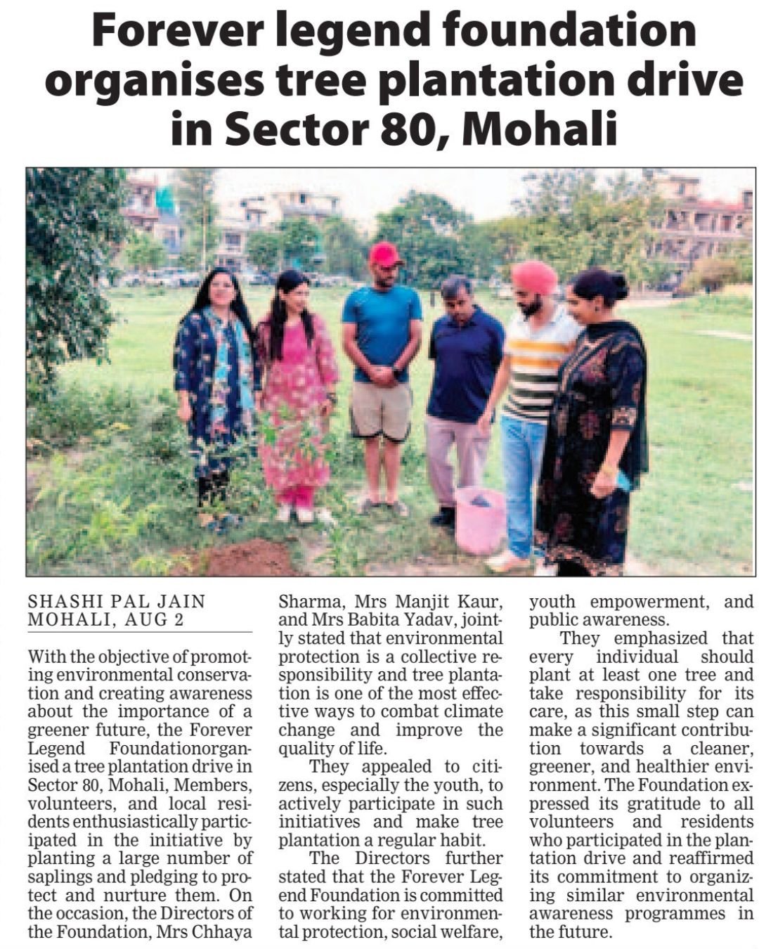 Newspaper clipping: Forever Legend Foundation organises tree plantation drive in Sector 80, Mohali